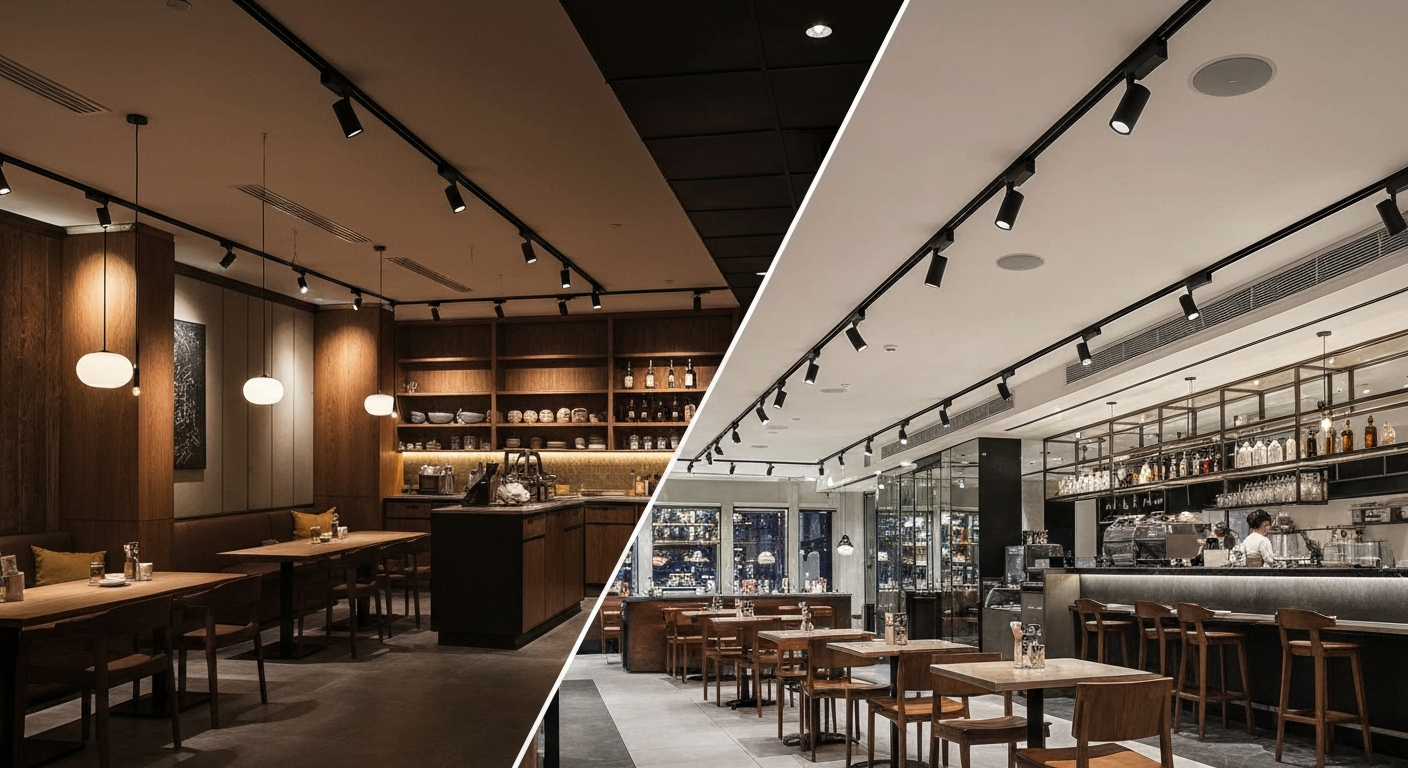 เปรียบเทียบแสง Track Light ระหว่างร้านกาแฟและร้านอาหาร Striva