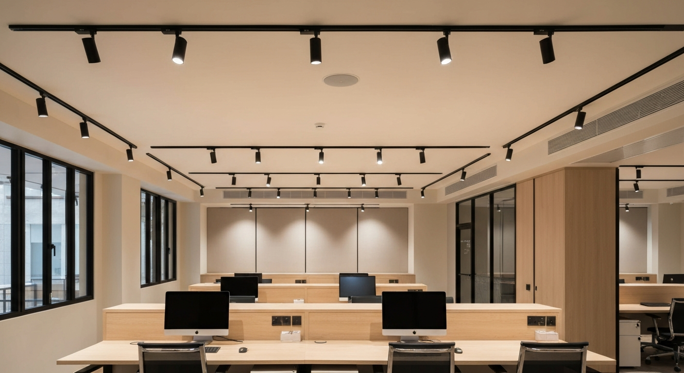 Co-working space สมัยใหม่พร้อม Magnetic Track Light บนฝ้า ส่องแสงลงโต๊ะทำงาน