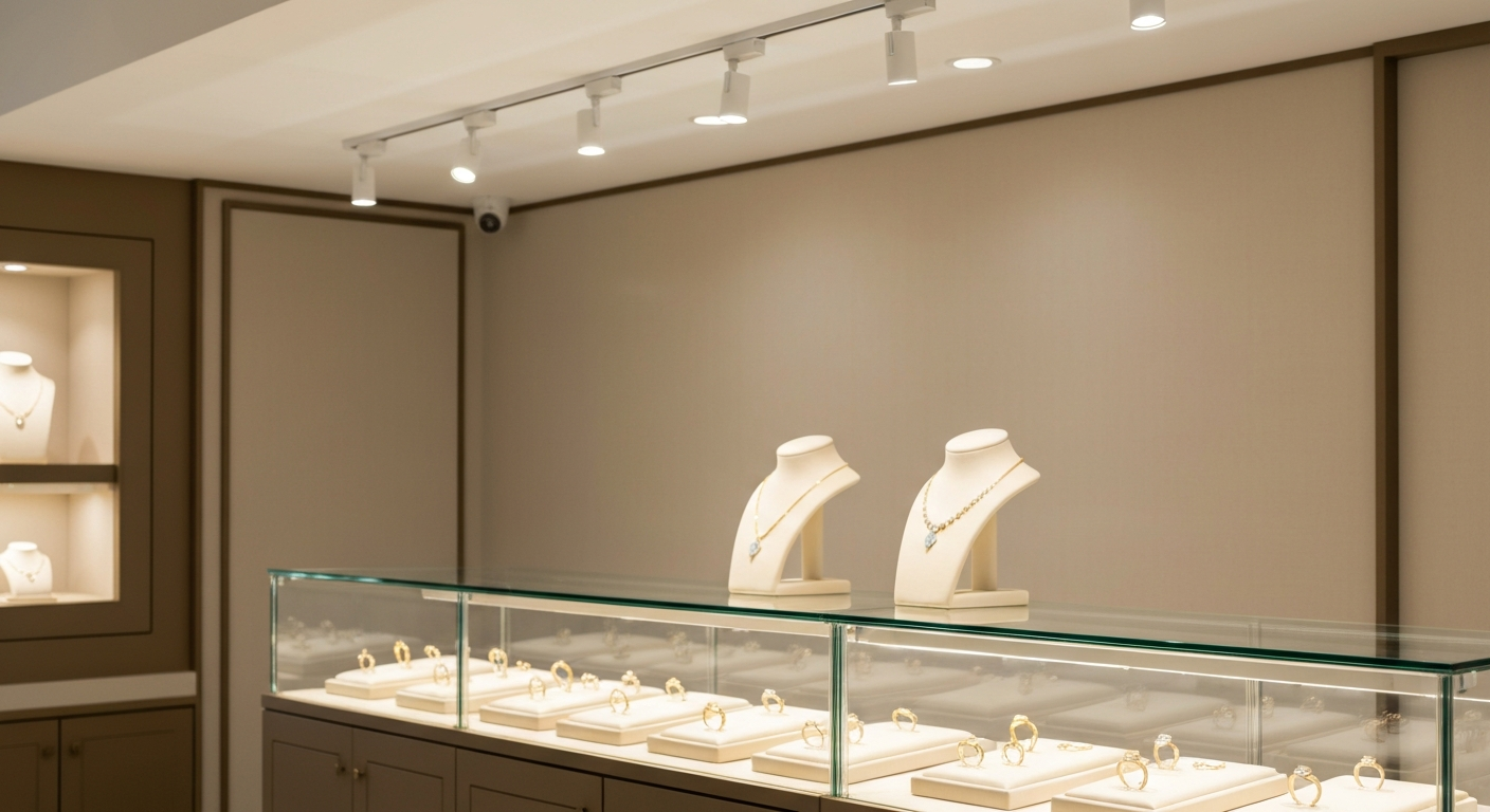 ร้านจิวเวลรี่สมัยใหม่ที่มี track light CRI สูง ส่องทองและเพชรให้วาวสวย