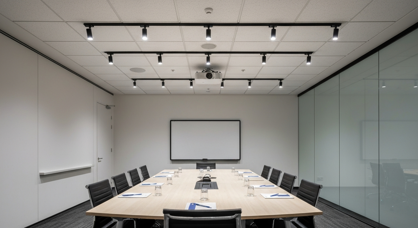 track light ห้องประชุมสำนักงาน แสง neutral white สม่ำเสมอบนโต๊ะประชุม