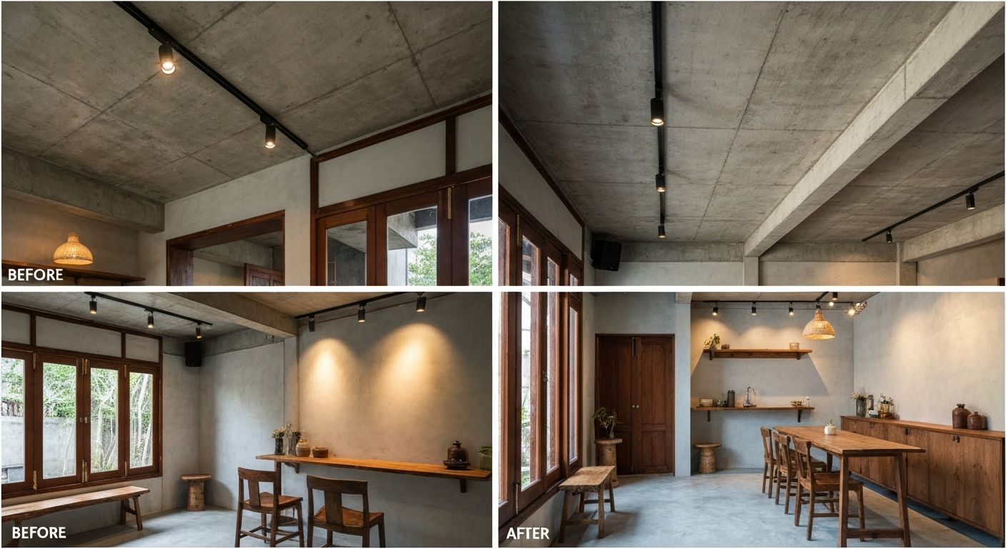 บ้านเก่าที่ติดตั้ง Magnetic Track Light ใหม่ แสงสปอตไลท์ทันสมัยบนฝ้าเพดานปูน
