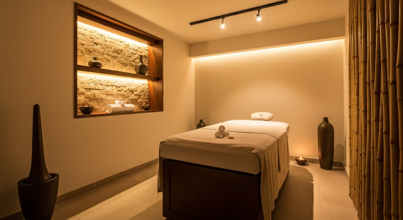 แทรคไลท์สปาและนวด แสง warm white ในห้องนวดไทย บรรยากาศผ่อนคลาย